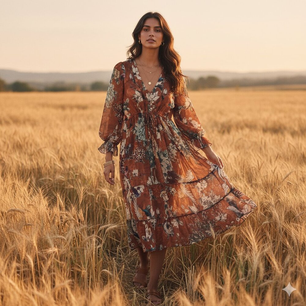 Anthropologie Zeri Peasant Dress by Hemant & Nandita Boho Maxi | Floral Print 0